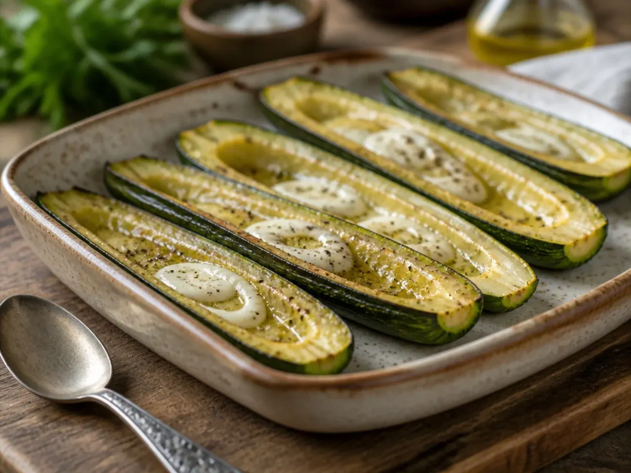 Halved zucchini boats with hollowed centres being salted on a tray.