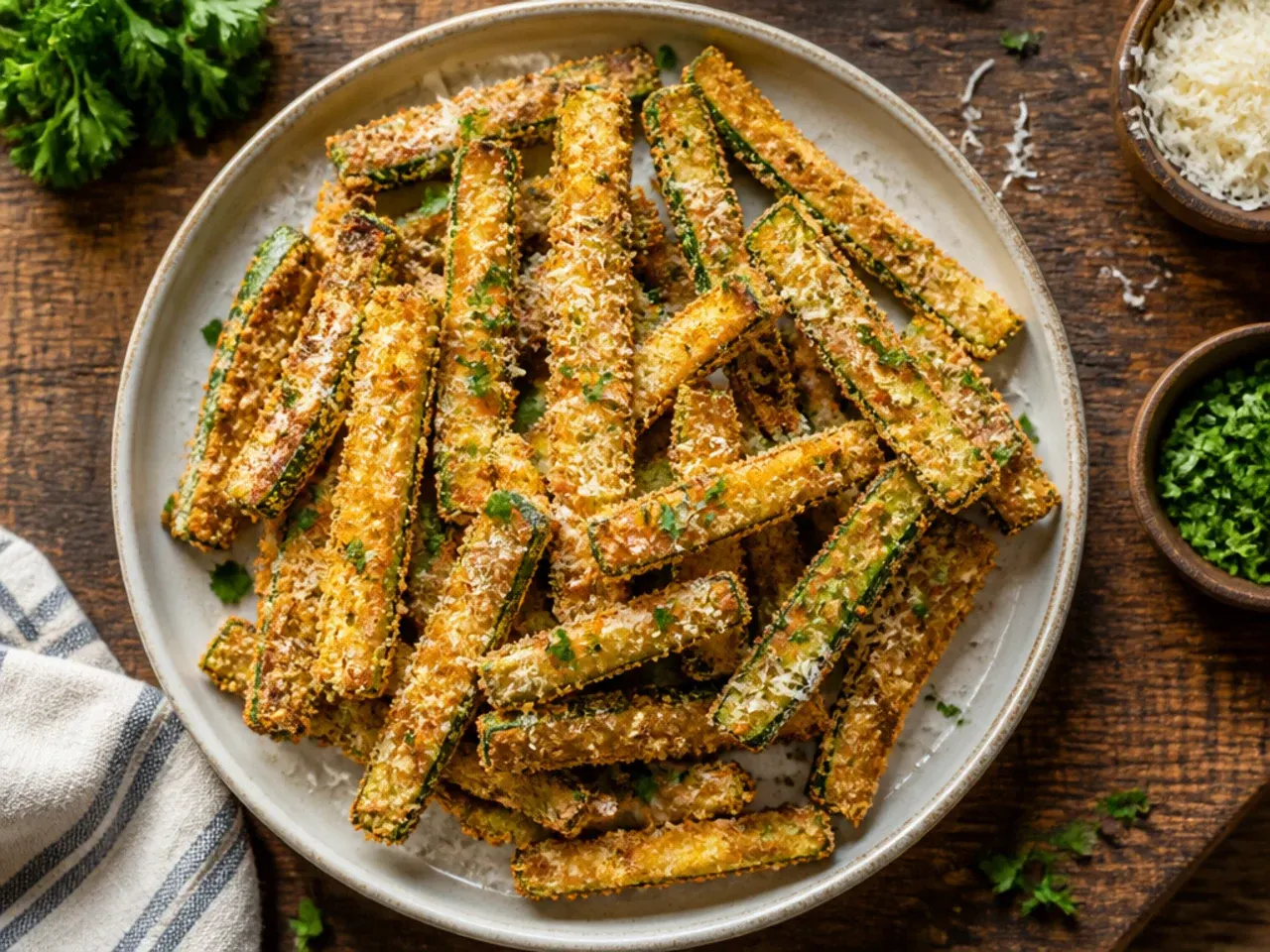 Breaded zucchini fries arranged on a wire rack before baking.