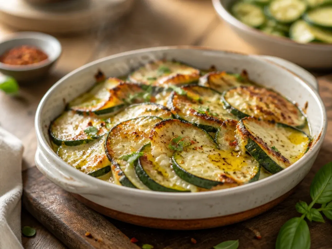 A bubbling zucchini gratin fresh out of the oven in a baking dish.