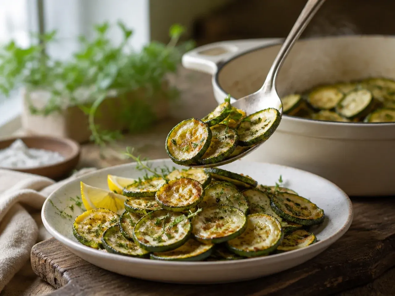 Thin zucchini chips cooling on a wire rack set over a baking tray.