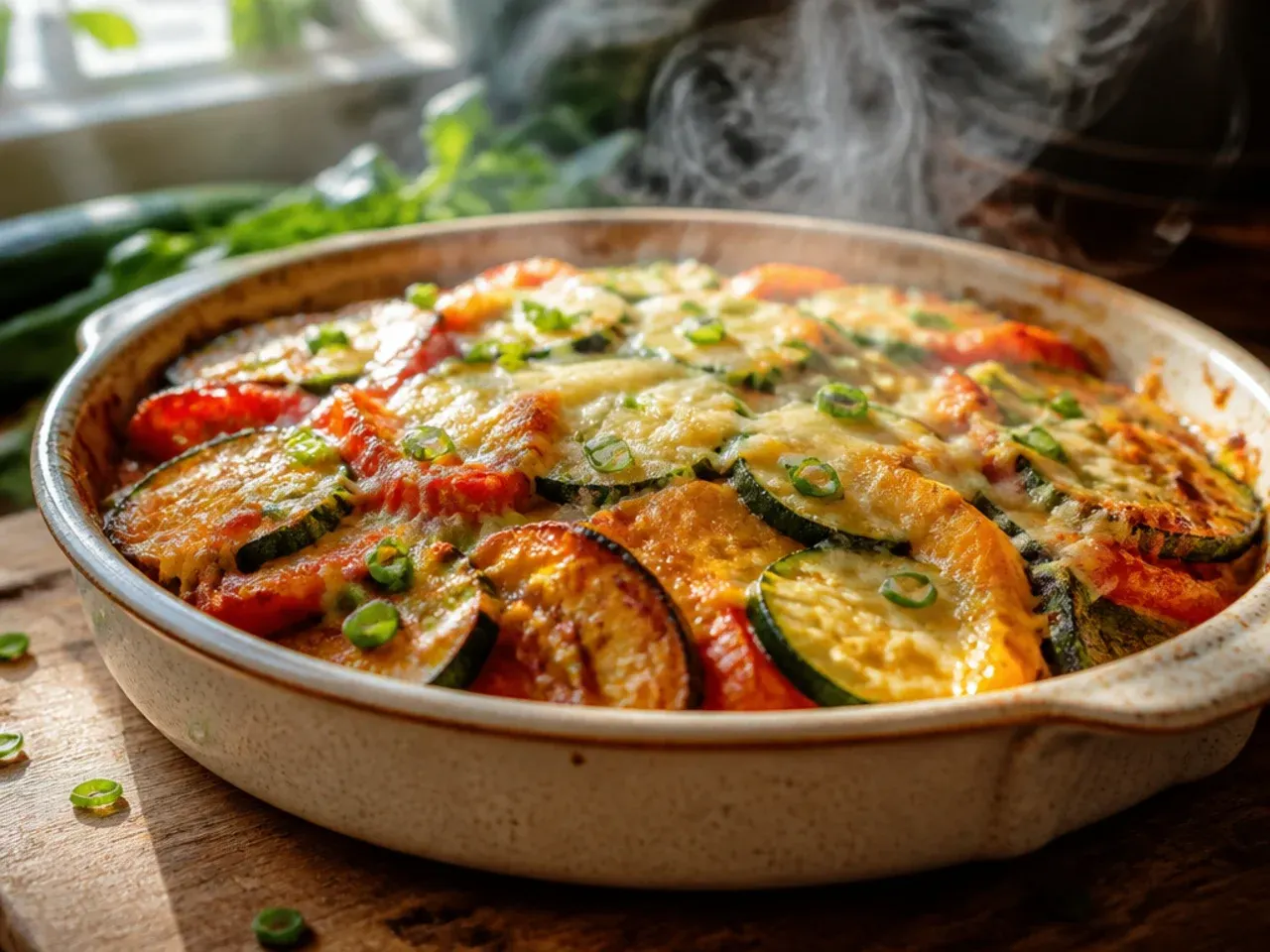 A pan of ratatouille vegetables being combined after cooking separately.