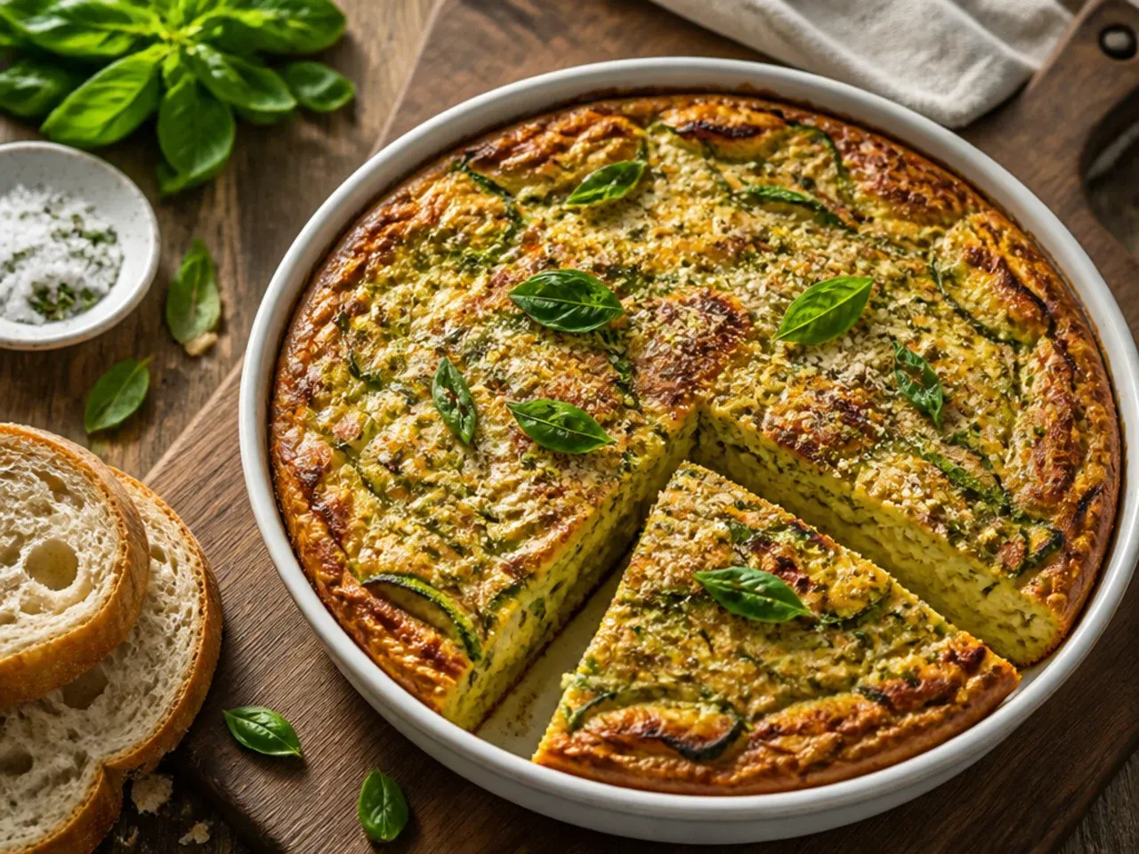 A golden zucchini frittata cooling in a cast iron skillet.