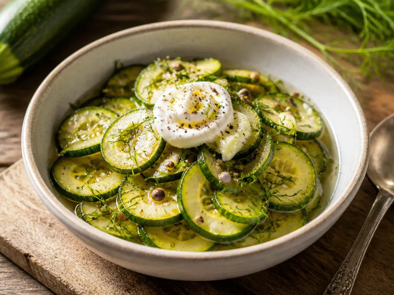 A jar of quick-pickled zucchini slices with fresh dill and peppercorns.