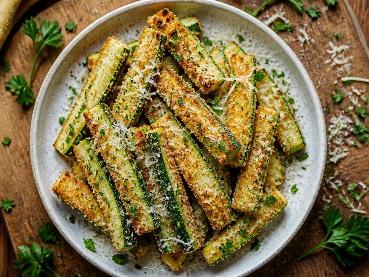 Zucchini fries cooking in a single layer inside an air fryer basket.