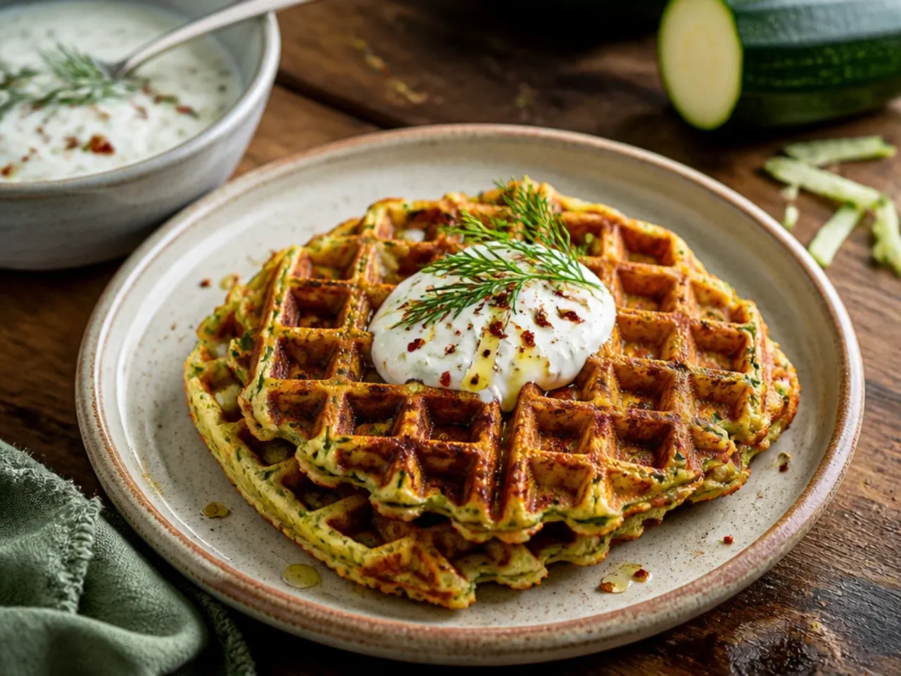 A savoury zucchini waffle lifted golden and crisp from the iron.