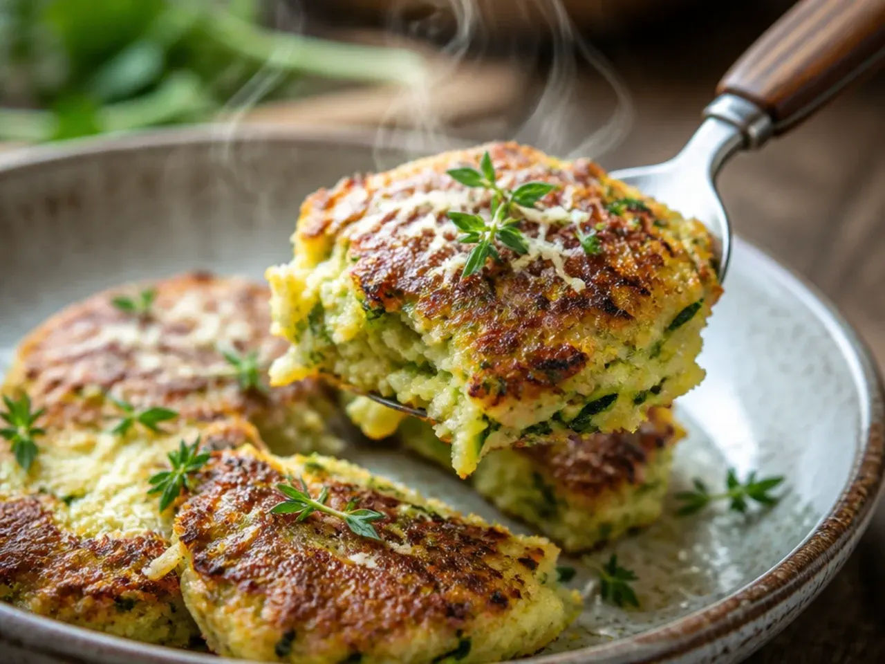 Shaped zucchini burger patties chilling on a plate before frying.