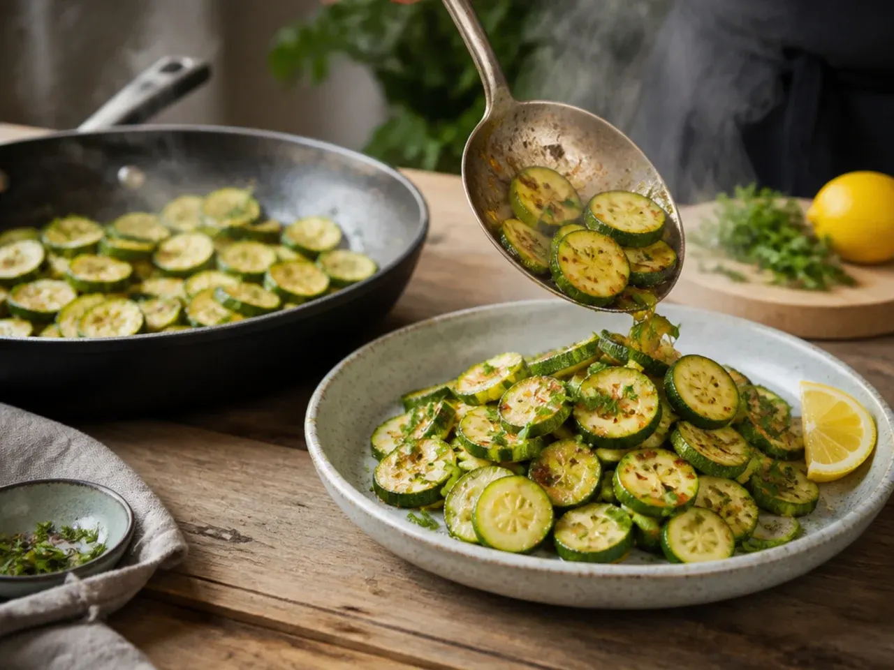 Zucchini half-moons being tossed in a hot smoking wok.
