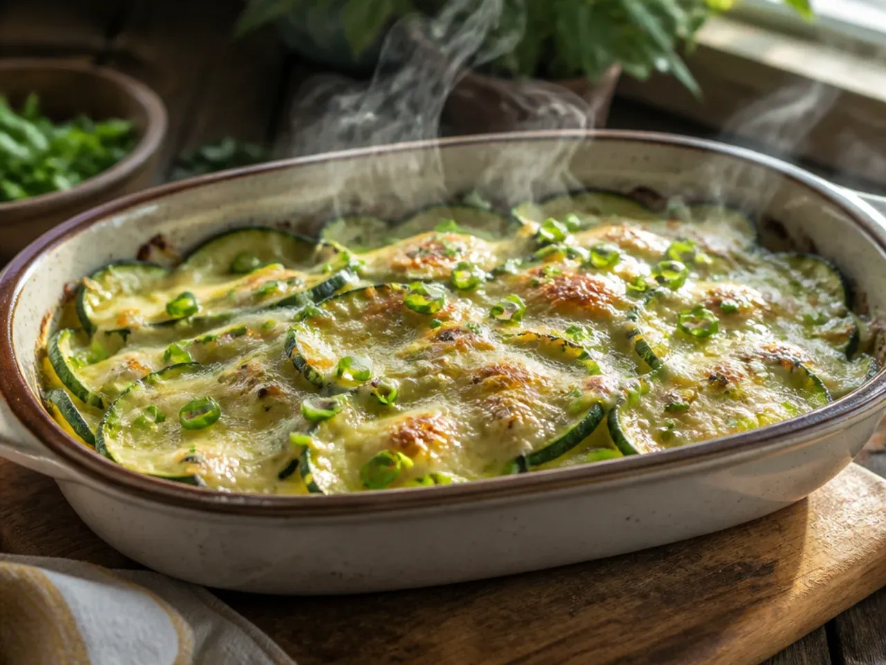 Roasted zucchini lasagne sheets layered with ricotta in a baking dish.