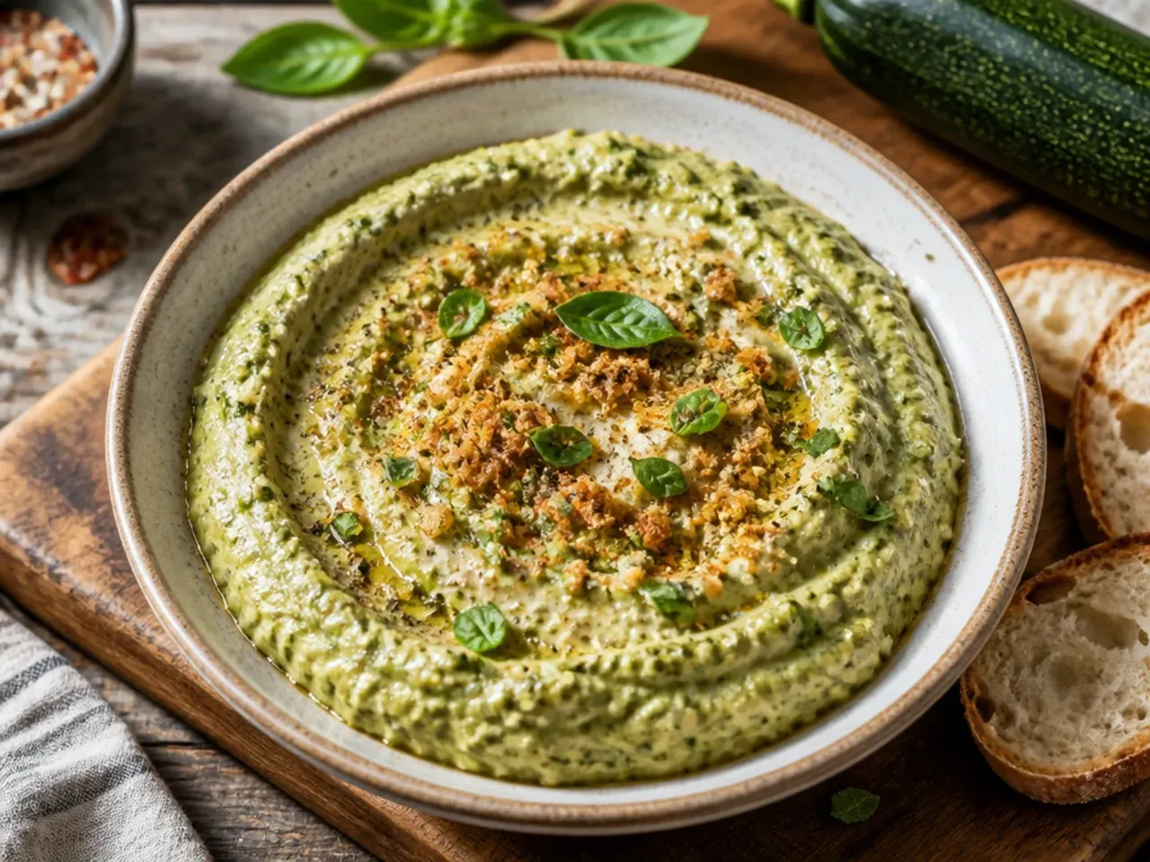 A bowl of pale green zucchini dip topped with olive oil and herbs.