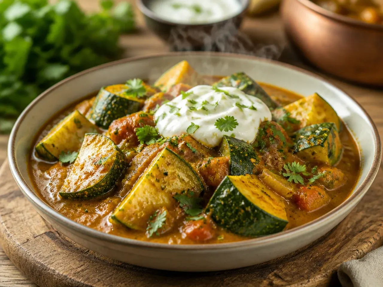 A pot of zucchini curry with visible chunky pieces in a spiced sauce.