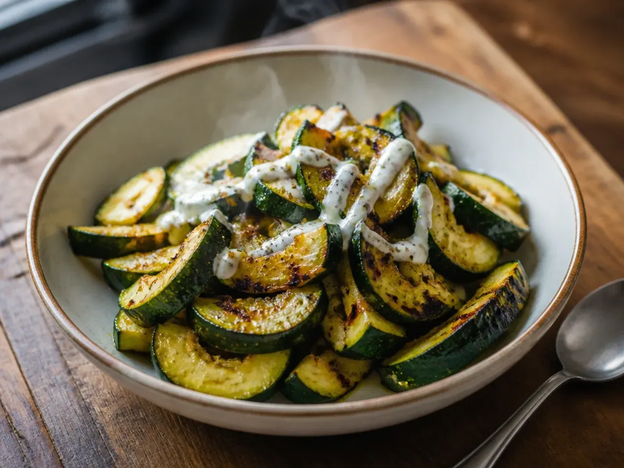 Charred diced zucchini being spooned into warm corn tortillas.