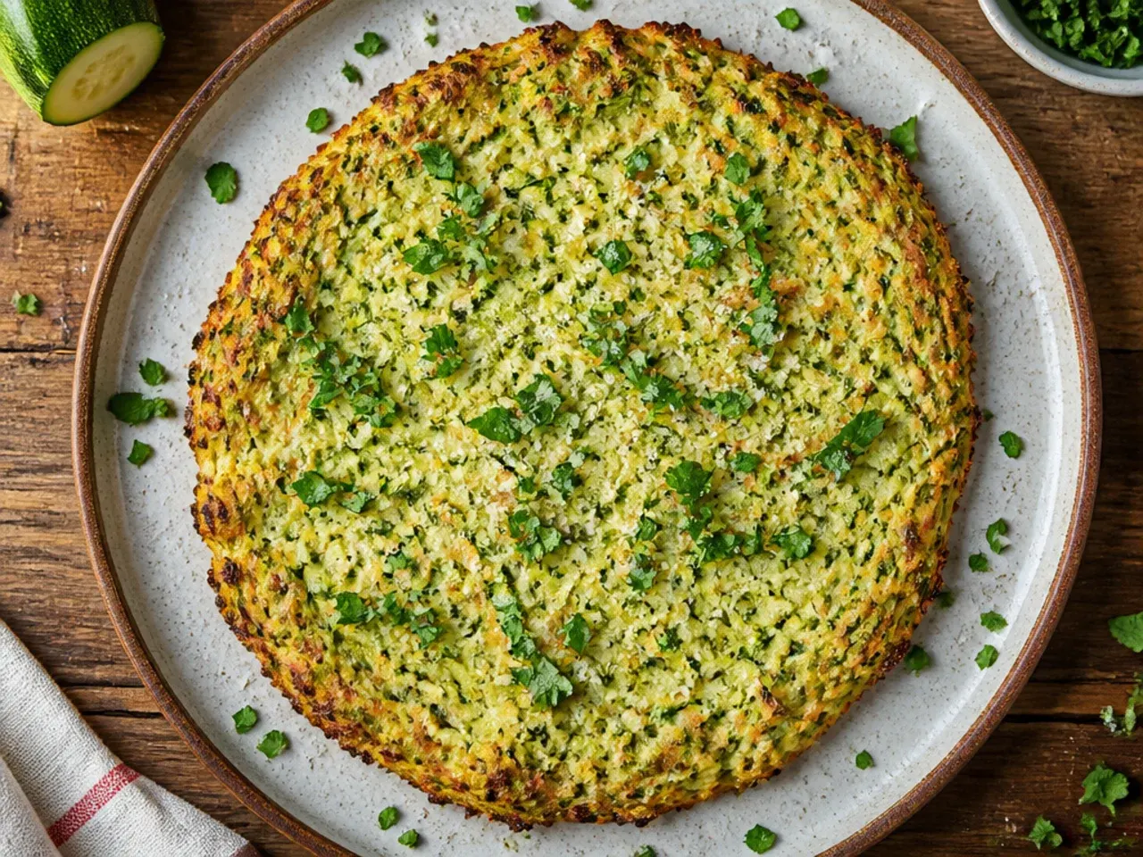 A par-baked zucchini pizza crust before toppings are added.