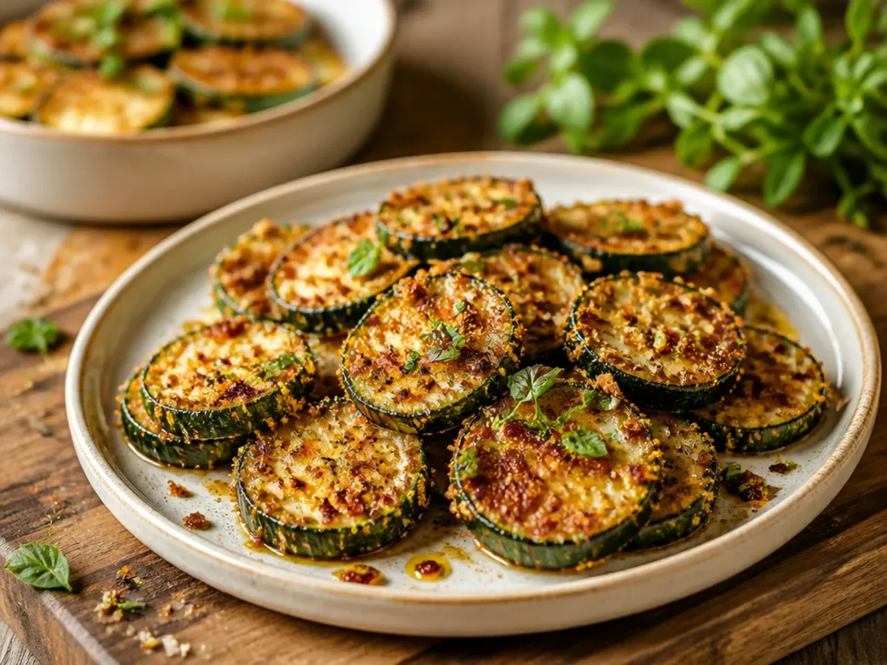 Parmesan-crusted zucchini rounds cooling on a wire rack.