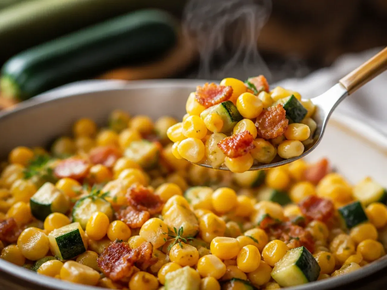 A skillet of zucchini and corn succotash served immediately after cooking.
