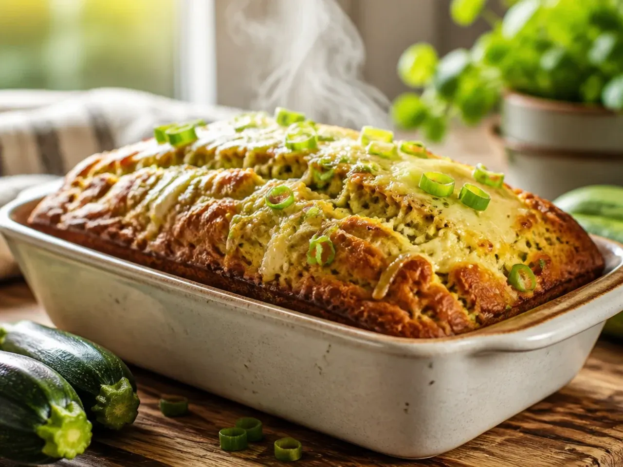 A golden zucchini loaf cooling on a wire rack with a slice cut to show the crumb.