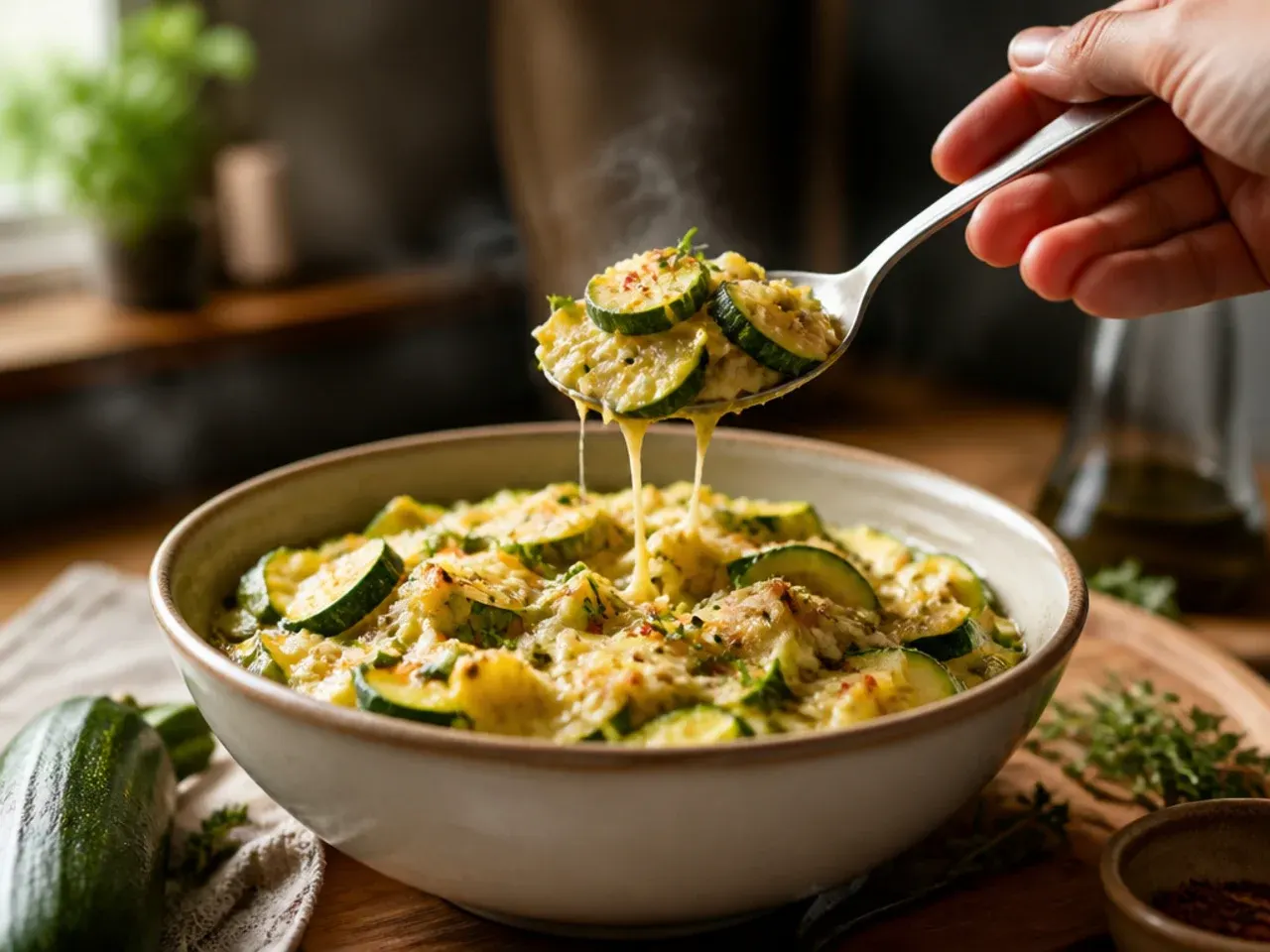 A finished plate of crispy golden zucchini fritters with yoghurt sauce, ready to serve at the table.