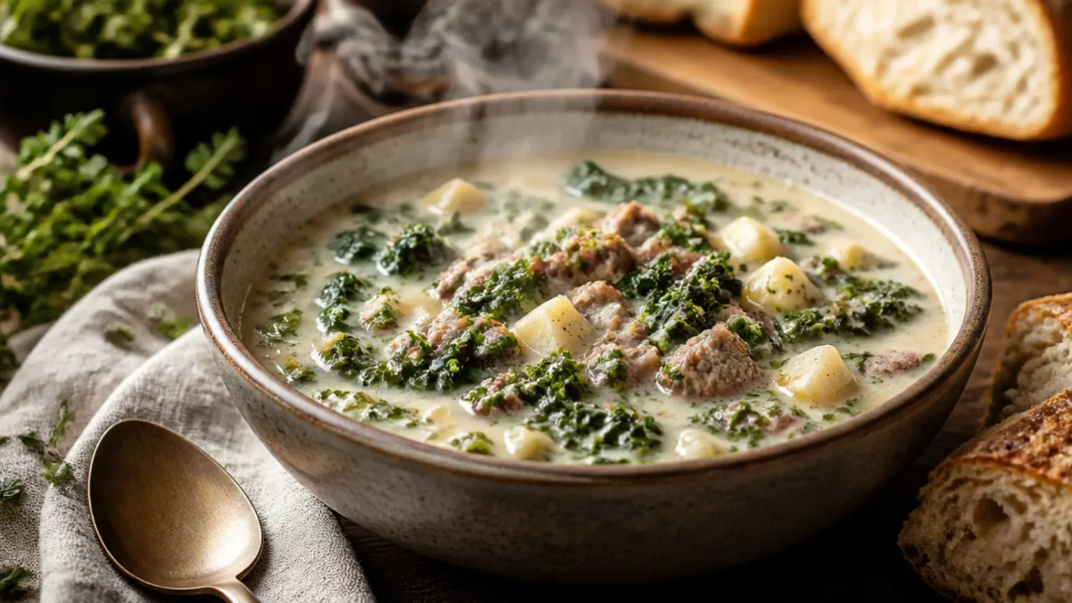 A bowl of creamy easy zuppa toscana soup with sausage, potatoes and kale, steam rising, crusty bread on the side