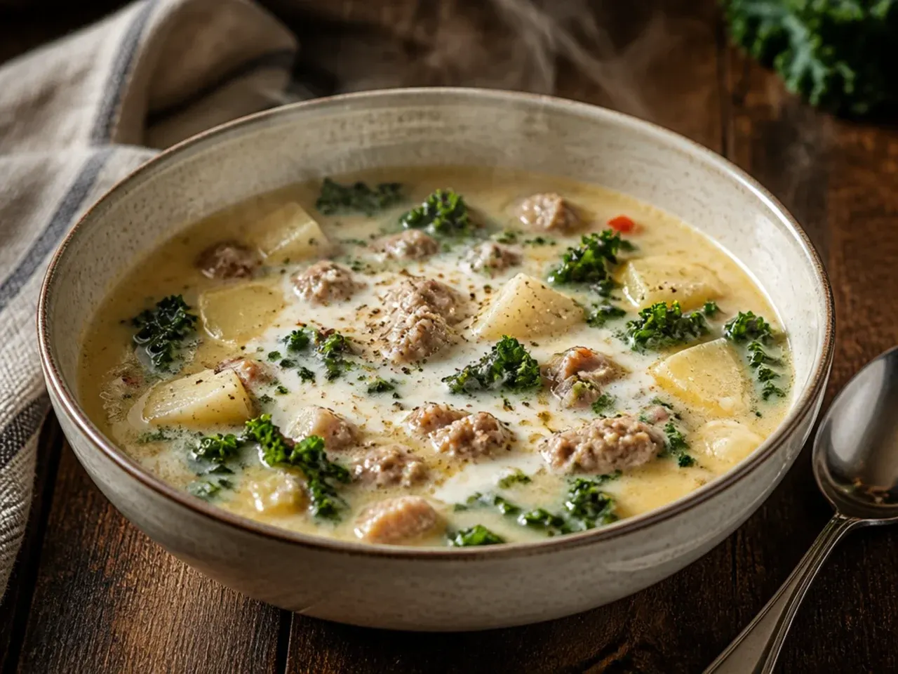Italian sausage meat being squeezed from its casing into a soup pot