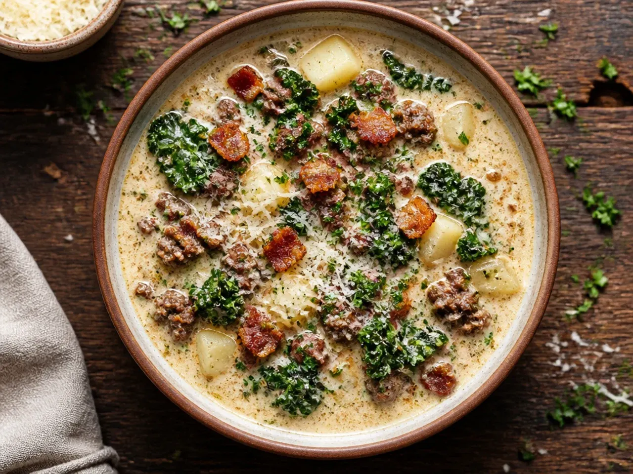 Crispy diced bacon rendering in a pot with golden fat