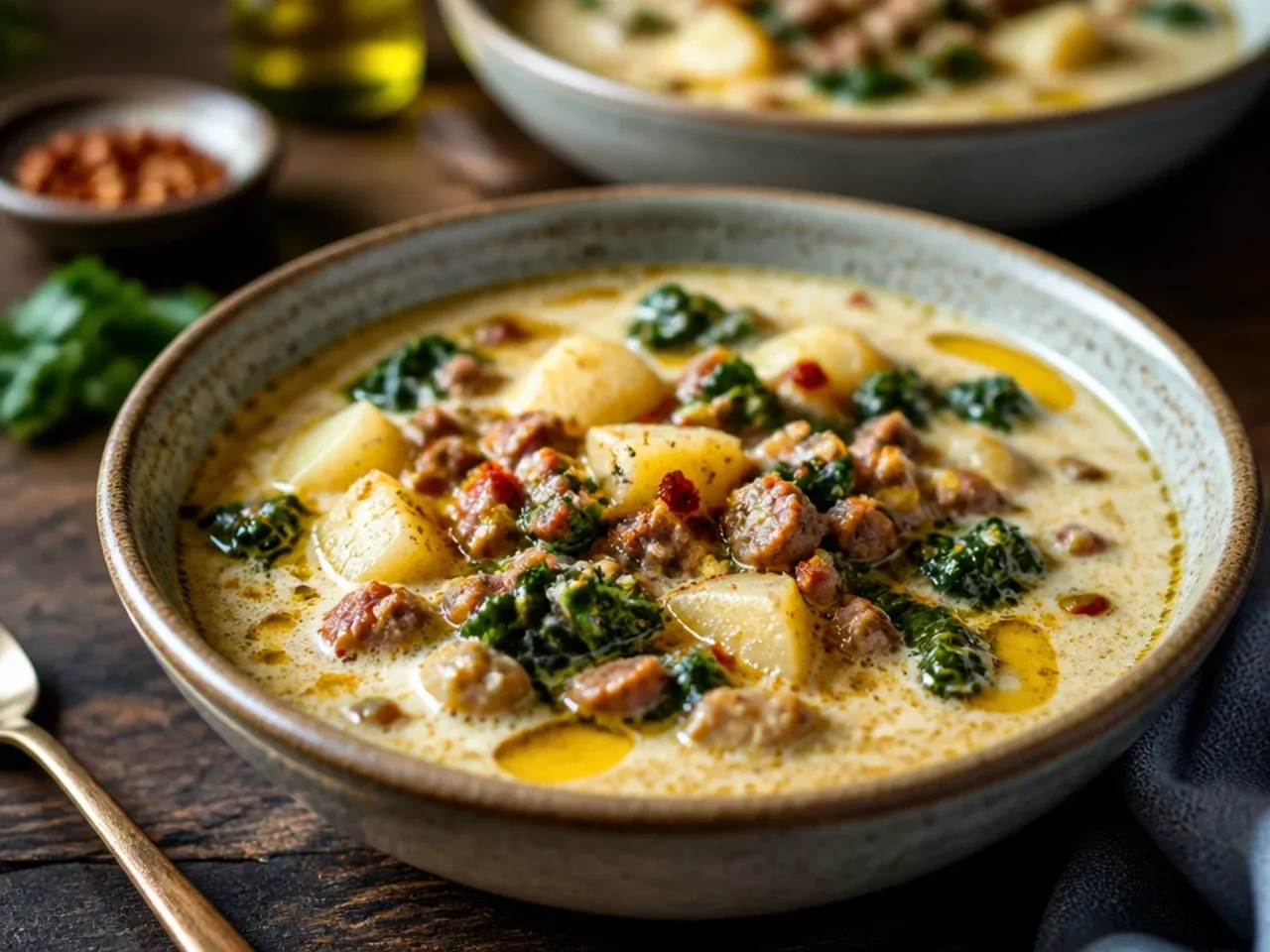 Browned bits of sausage and bacon stuck to the bottom of a soup pot