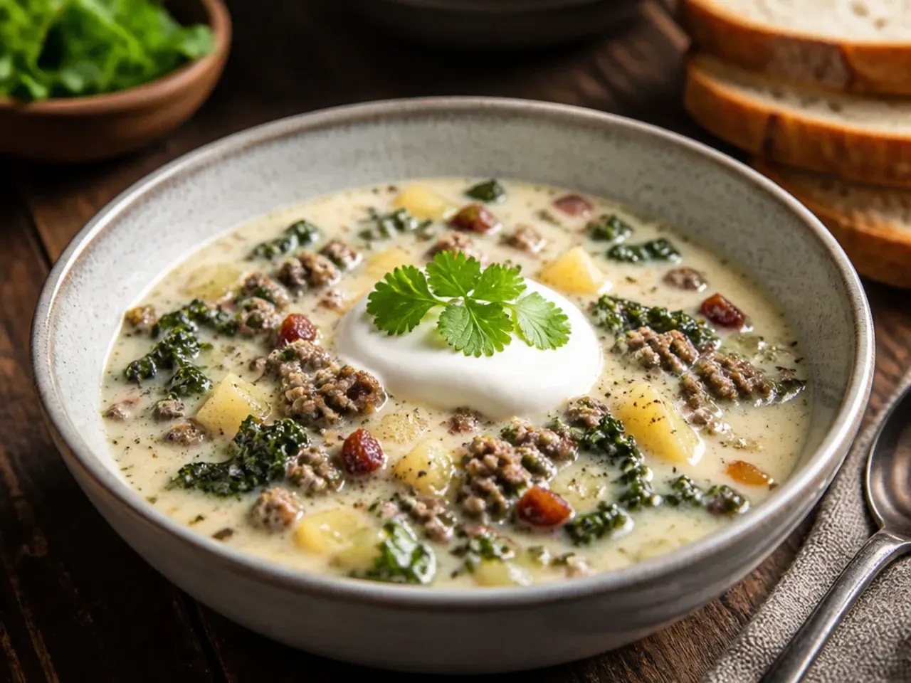 Heavy cream being poured gently into simmering zuppa toscana soup