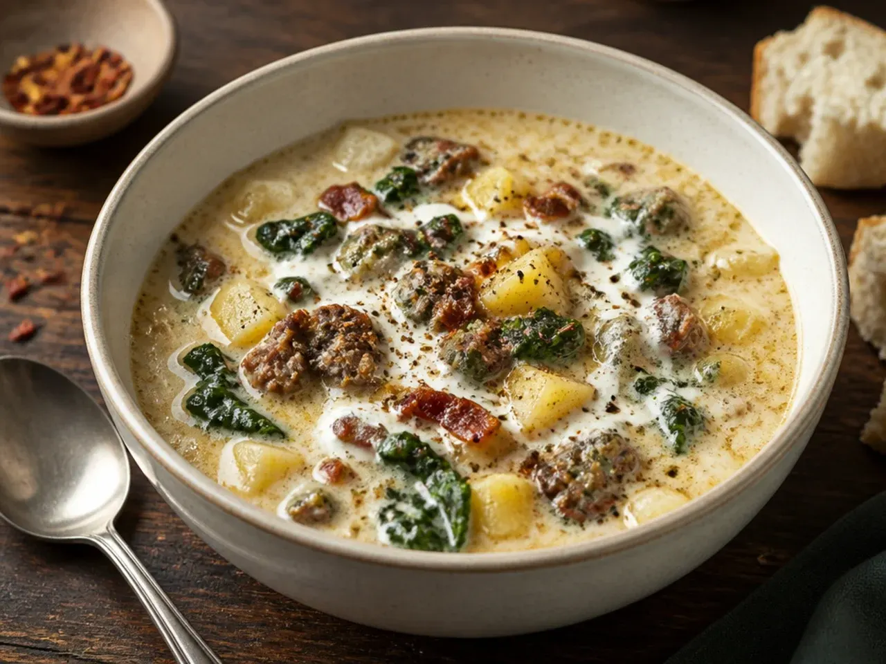 A measuring cup of heavy cream next to a pot of zuppa toscana soup