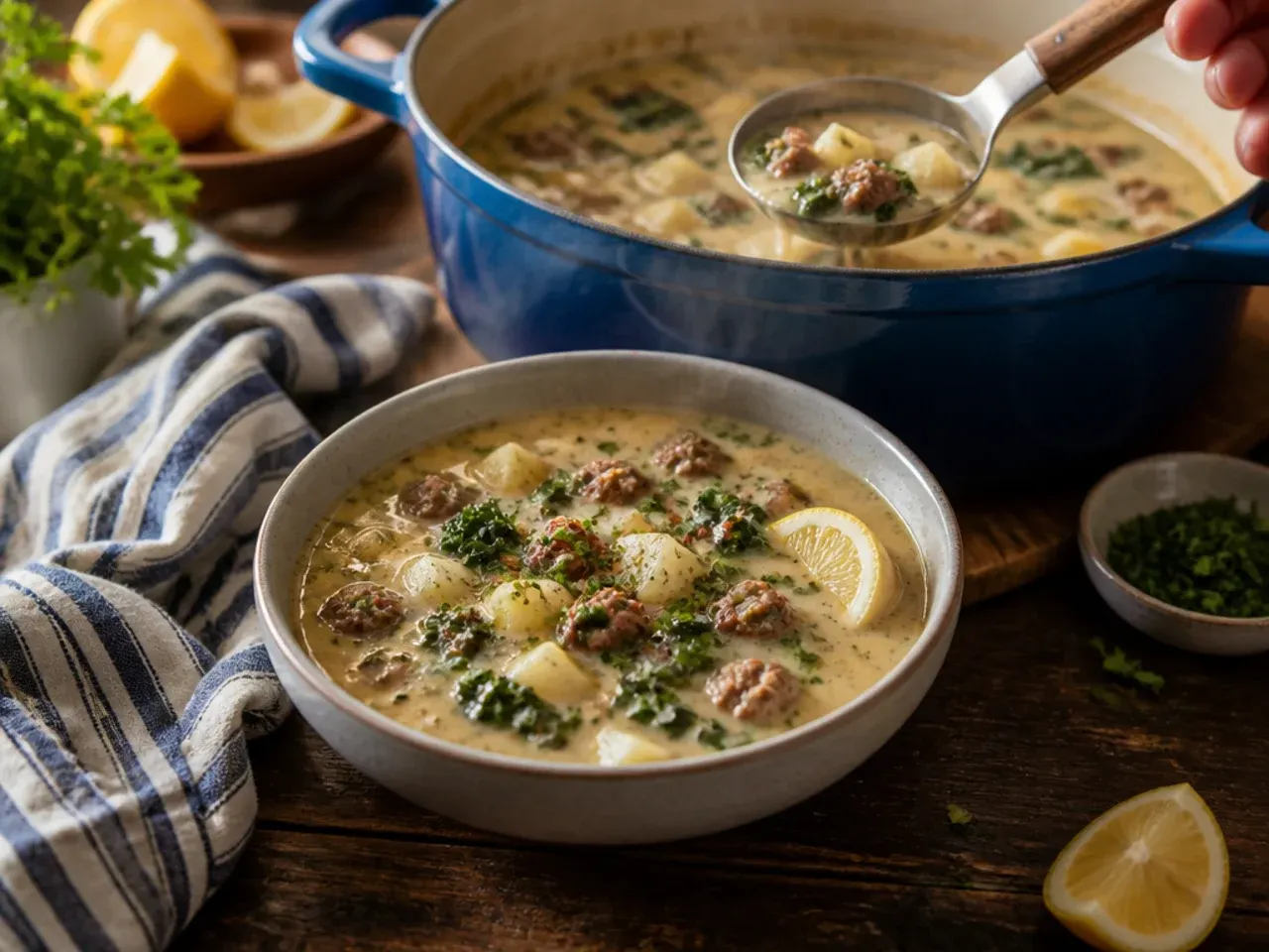 A large heavy-bottomed pot of zuppa toscana soup simmering on the stove
