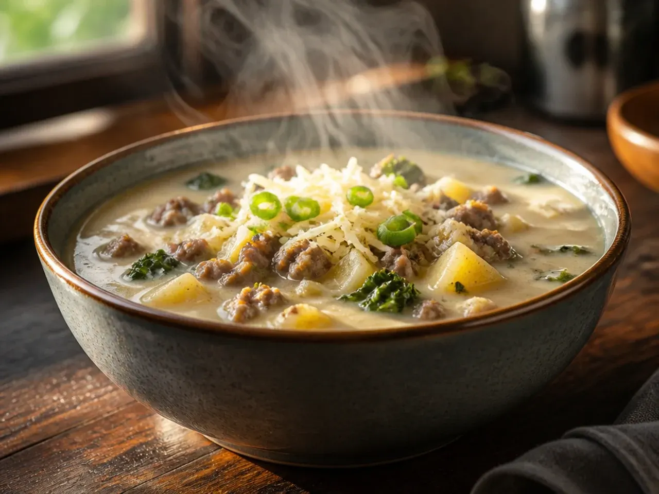 A fork testing a piece of potato for doneness in simmering broth