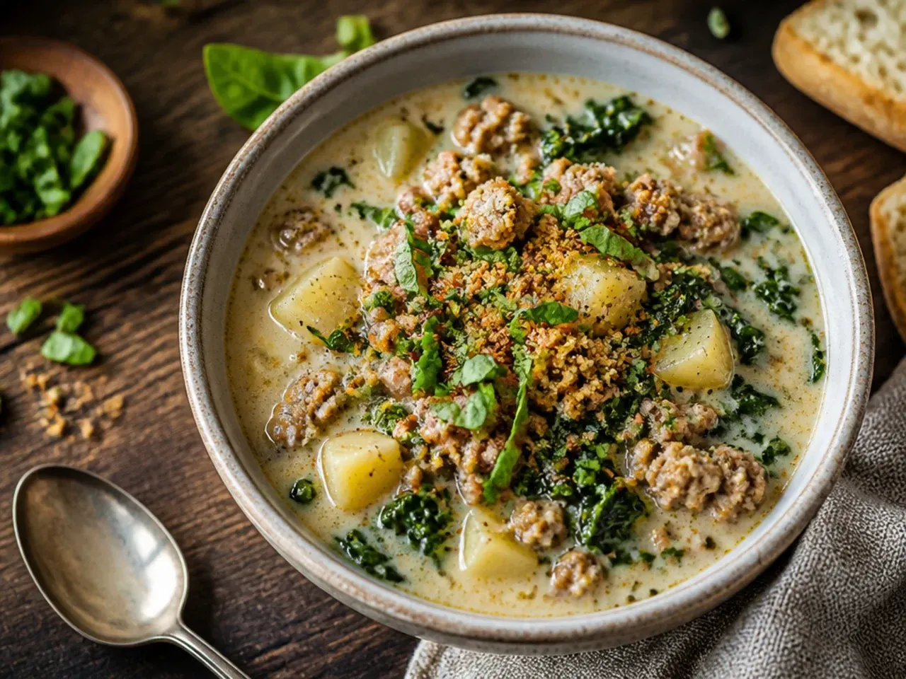 Turkey sausage browning in a pot with fennel seeds sprinkled over it
