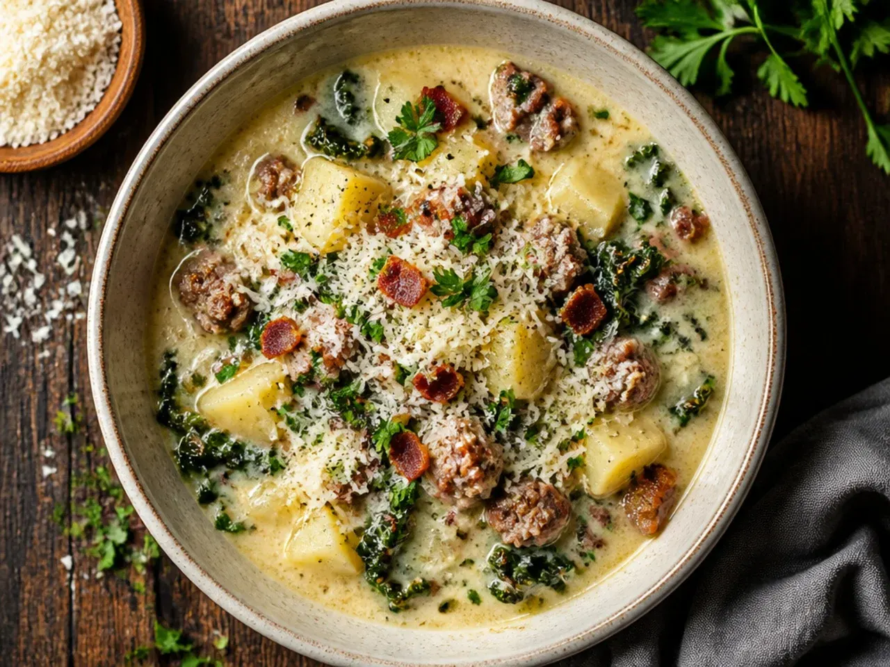 A large double batch of zuppa toscana soup in an extra-large pot