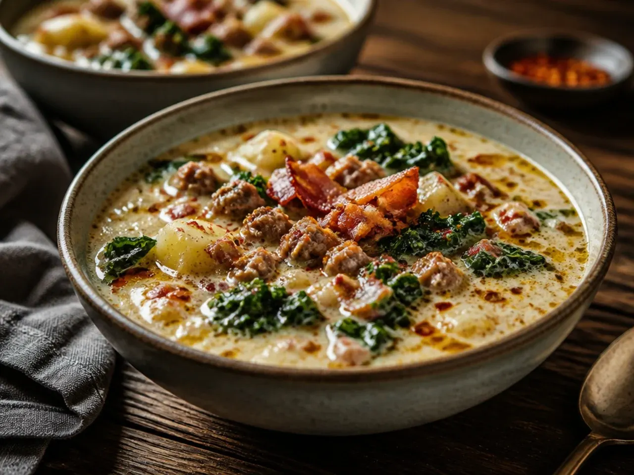 A freezer-safe container of zuppa toscana soup base without cream or kale
