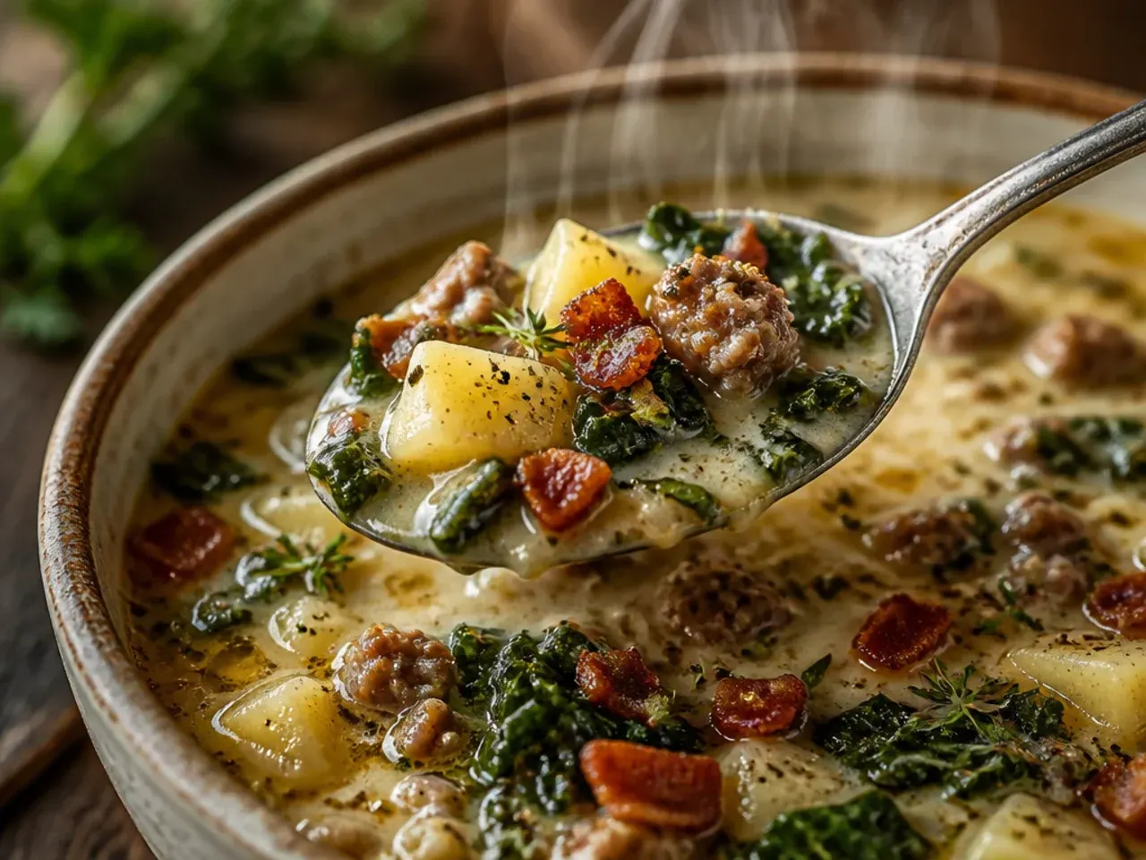 Leftover zuppa toscana soup being gently reheated in a saucepan