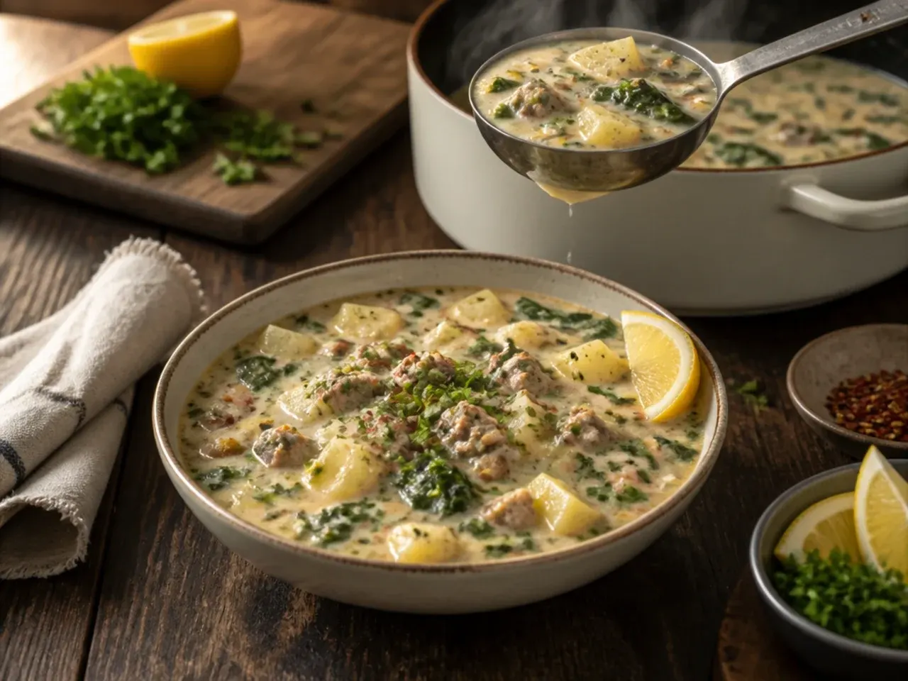 A covered container of zuppa toscana soup stored in the fridge