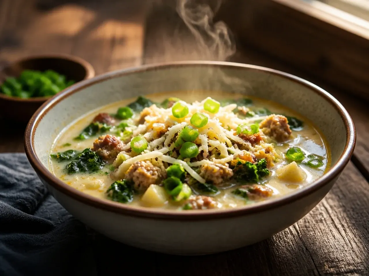A bowl of zuppa toscana soup served with crusty bread and grated parmesan