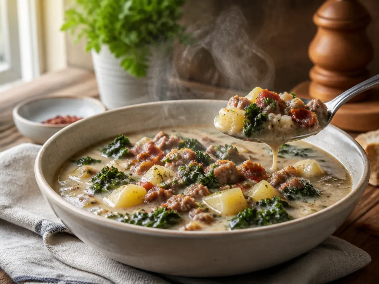 A finished pot of easy zuppa toscana soup ready to be served