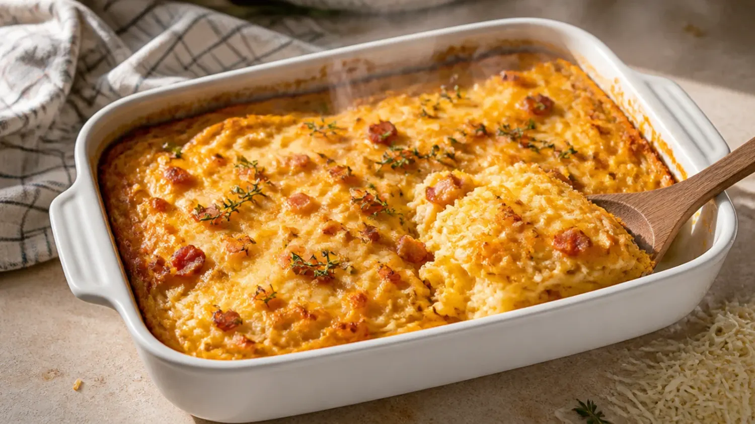 Overhead shot of a golden baked egg hashbrown casserole in a white dish, sliced into squares with melted cheese and chives on top