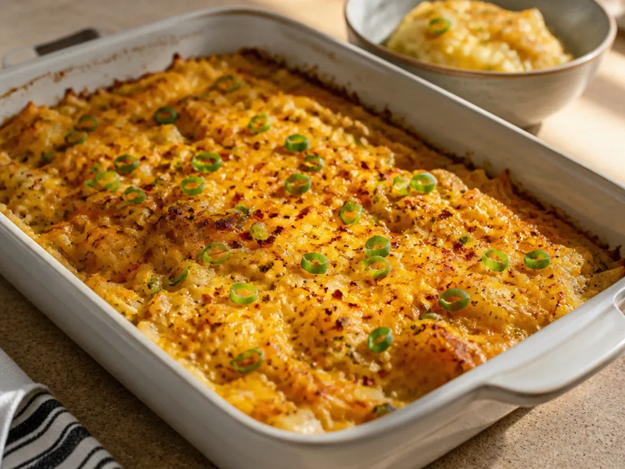 Shredded hash browns being tossed with melted butter and seasoning in a bowl