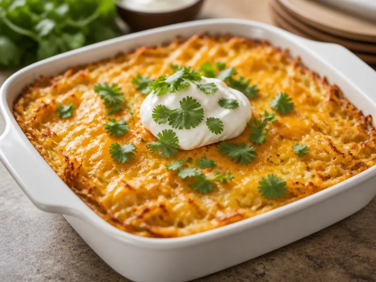 Shredded cheddar cheese being scattered over the top of an unbaked casserole