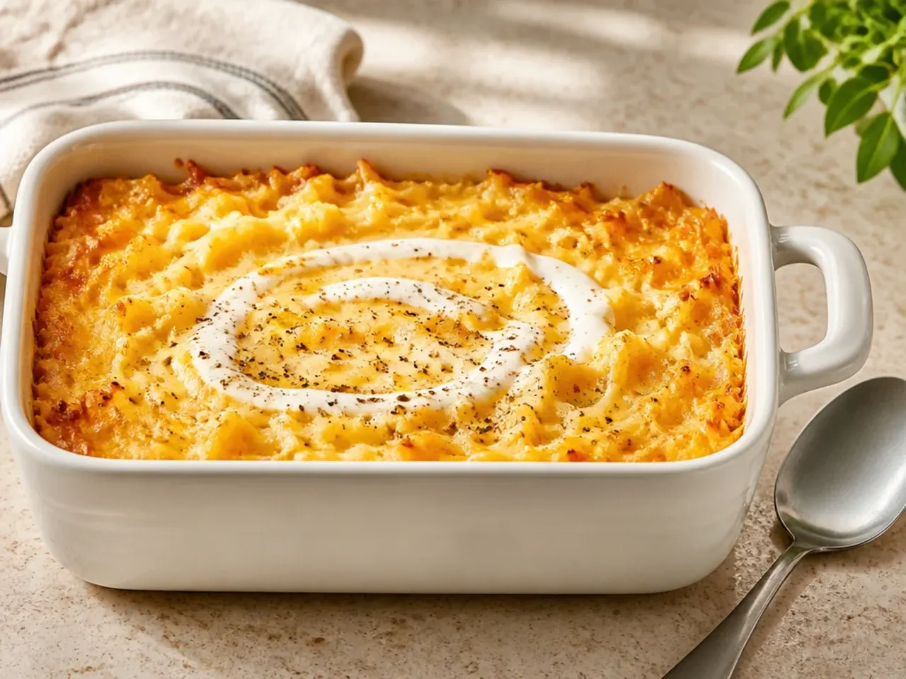 Unbaked casserole filling spread evenly in a 9x13 inch glass baking dish