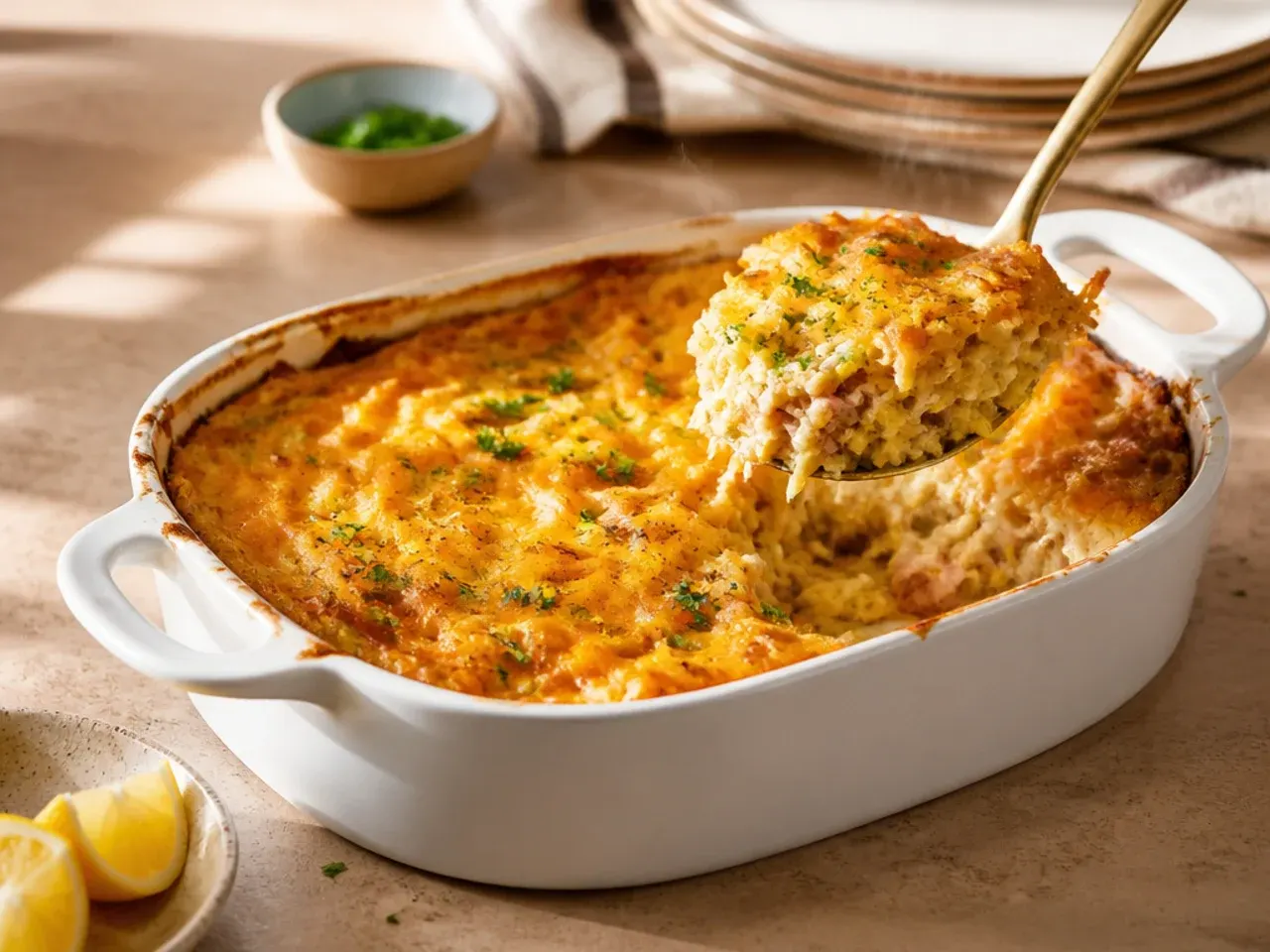 Baked hashbrown casserole resting on a wire rack on the counter