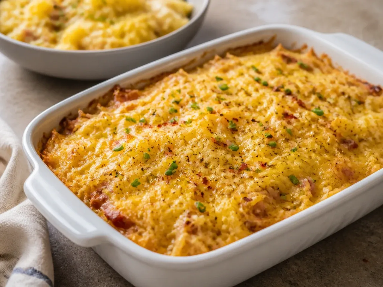 Two baking dishes of hashbrown casserole side by side on a counter