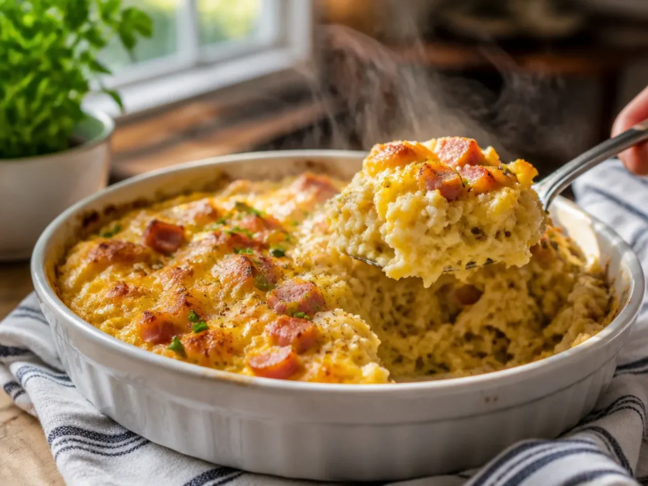 A slice of golden egg hashbrown casserole lifted onto a plate