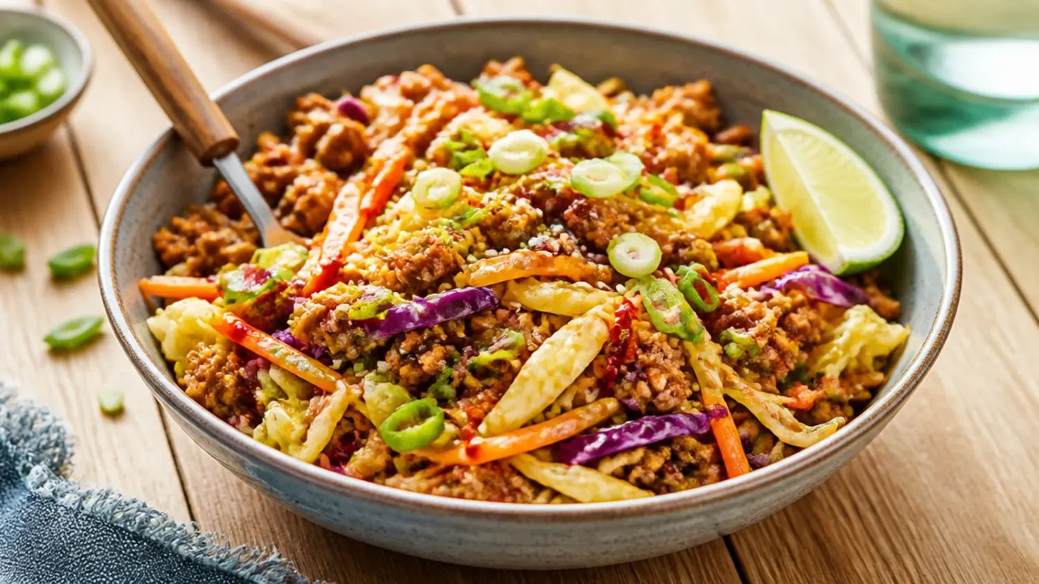 A skillet of egg roll bowl with ground pork, shredded cabbage, carrots and sesame seeds, served over rice