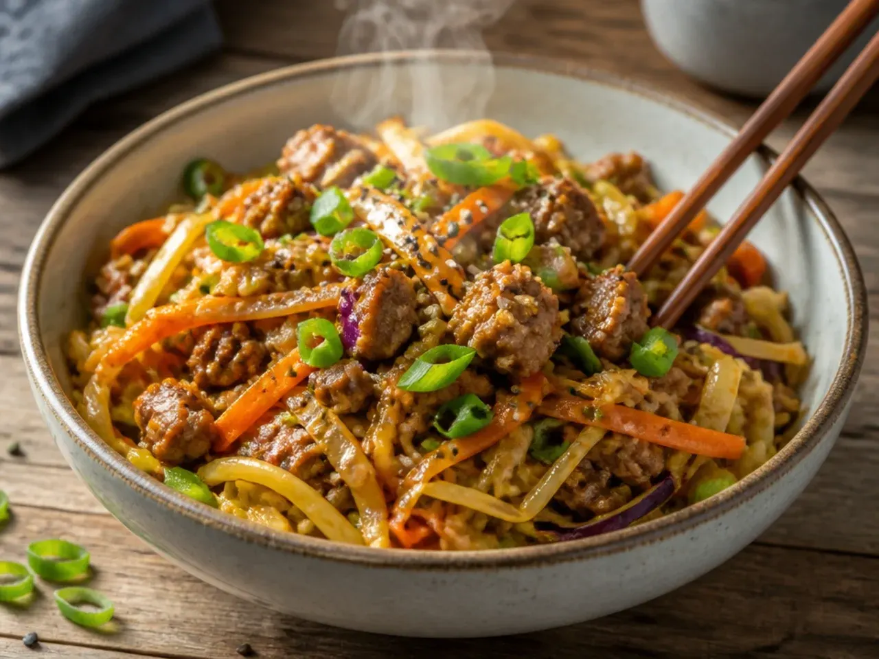 Overhead shot of an egg roll bowl skillet dinner with cabbage, carrot and ground meat