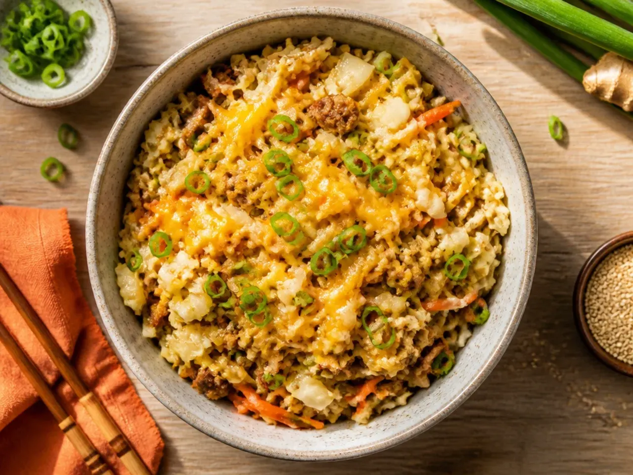 Ground pork egg roll bowl with cabbage and carrots in a cast iron skillet