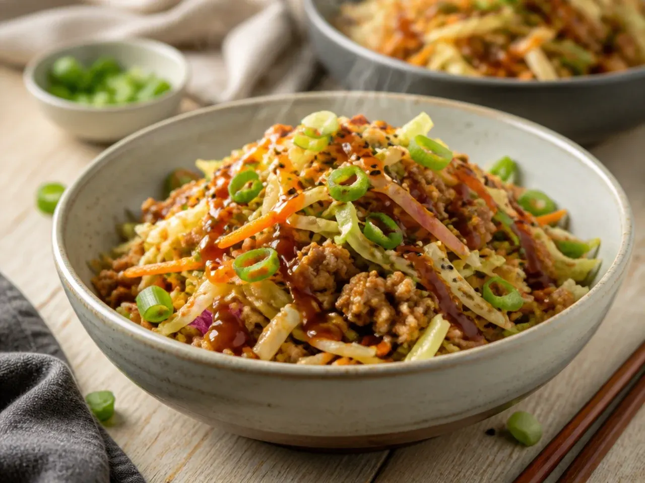 Ground turkey egg roll bowl in a skillet with fresh spring onion garnish