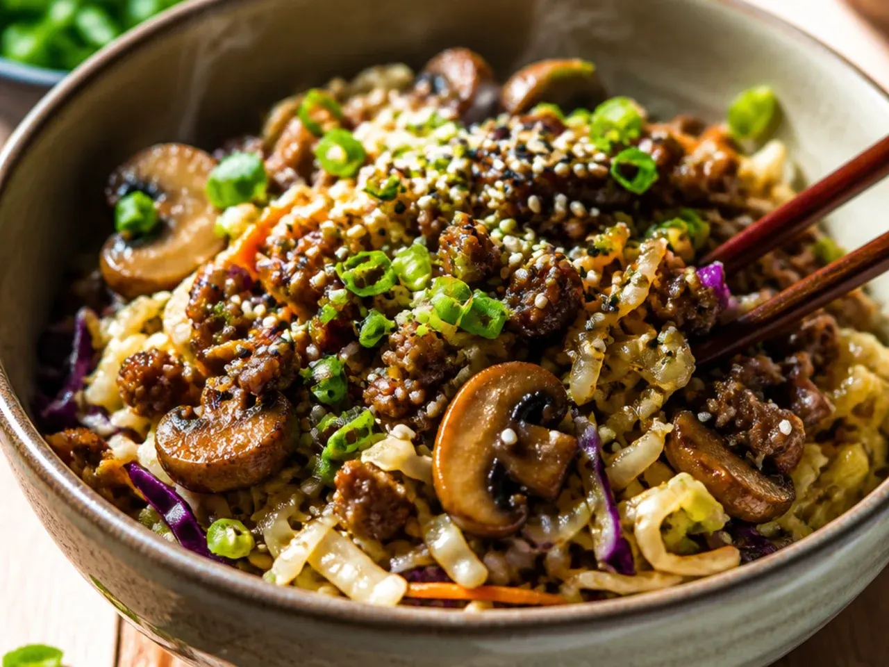 Egg roll bowl with beef, mushrooms and cabbage in a warming skillet