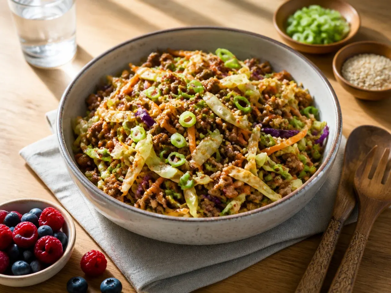 Simple egg roll bowl with minimal ingredients in a nonstick pan