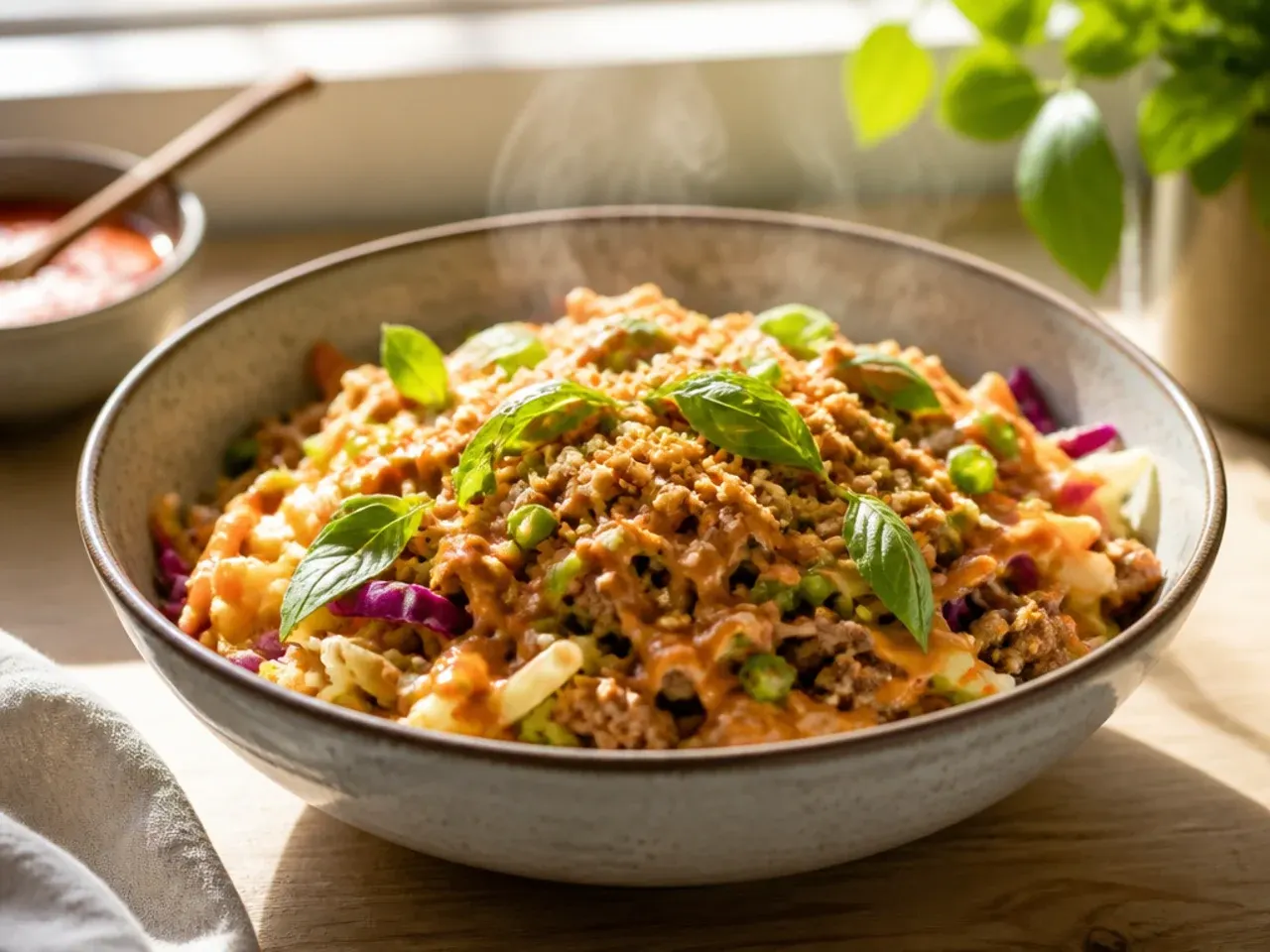 Egg roll bowl drizzled with creamy sriracha mayo sauce
