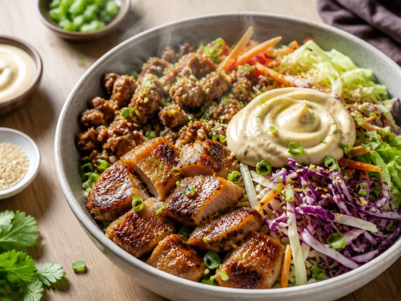 Loaded egg roll bowl with pork, shrimp and a fried egg on top